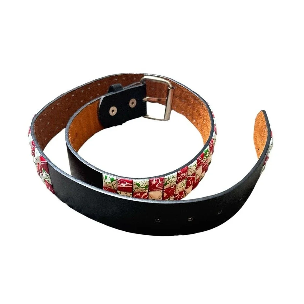 Belt Black Genuine Leather Italy White Red‎ Green Splatter Studded Size M 34-38